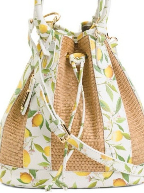 Valentina Handbags - Valentina White Lemon-Print Bucket Shoulder Bag with Natural Straw Panels